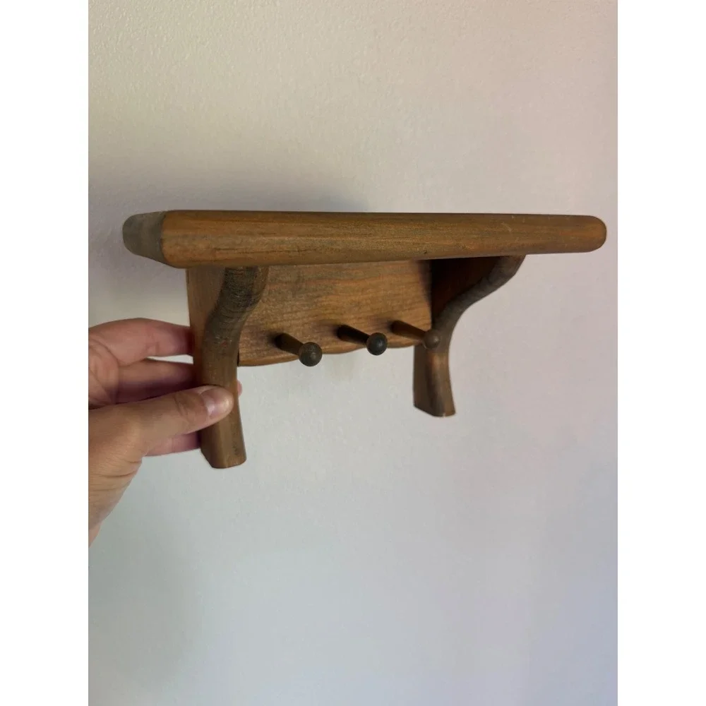 Vintage Wooden Wall Shelf Small Brown Good Rustic 3-Peg Key Rack Entryway